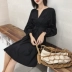 ◆ yang momo ◆ v-cổ đầm Hàn Quốc phiên bản của vành đai thắt lưng một từ váy gió lạnh nếp gấp mỏng nhỏ váy váy màu đen váy liền thân chữ a A-Line Váy