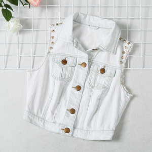 Ngắn cao bồi vest nữ mùa xuân rửa trắng studded denim vest vest phụ nữ giản dị 7E077