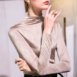 Элегантная эластичная приятная телу шелковистая спортивная одежда, осенний лонгслив, высокий воротник, облегающий крой