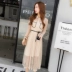Mùa xuân 2019 phiên bản Hàn Quốc mới của phần dài của cổ áo sơ mi thắt eo ren phụ nữ chạm đáy một chiếc váy lớn - A-Line Váy