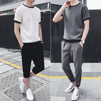 Trung Quốc vải cotton gió phù hợp với nam xu hướng mùa hè giản dị áo thun ngắn tay vải lanh lỏng quần áo nam cắt quần - Bộ đồ quần lót nam