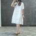 Cami mưa mới retro linen dress ladies ngắn tay chéo còng khóa thêu lỏng phần dài Một từ váy mẫu váy nhung xòe A-Line Váy