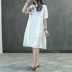 Cami mưa mới retro linen dress ladies ngắn tay chéo còng khóa thêu lỏng phần dài Một từ váy