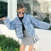 Mùa thu của phụ nữ áo khoác ngắn Hàn Quốc phiên bản mới hoang dã lỏng trở lại túi ngắn đoạn denim áo khoác sinh viên nữ triều Áo khoác ngắn