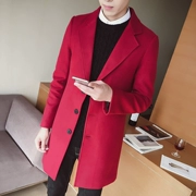 Áo len đỏ mùa thu nam dài phần dày áo khoác len trẻ trung Phiên bản Hàn Quốc của áo gió mỏng màu rắn chắn gió