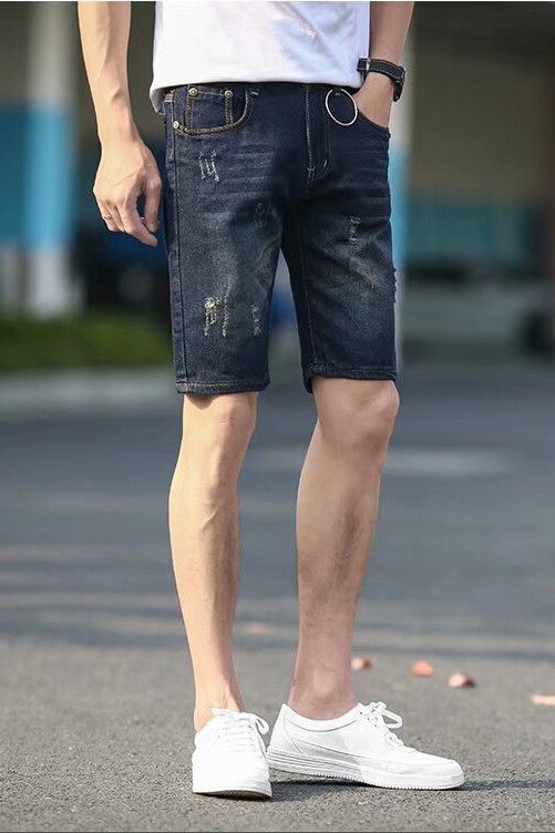 Summer thin stretch denim shorts, men's ripped slimming straight leg, 5-inch mid-length youth pants, men's 5-inch casual horse pants Item Picture