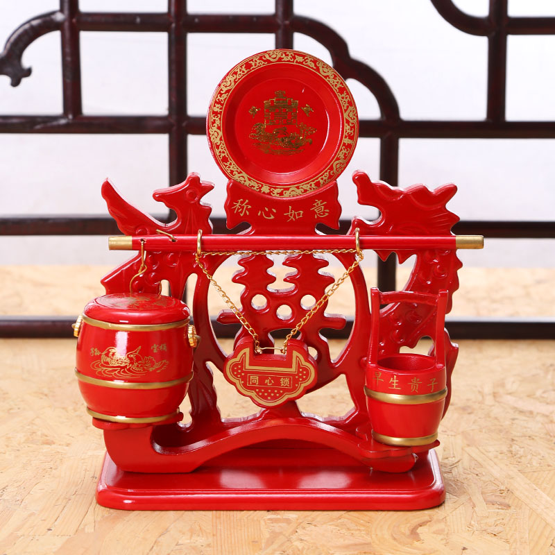 Chinese Wedding Bucket Three Piece Set Wedding Supplies Bride Accompany Dowry Mahogany Decoration Wedding Room Layout