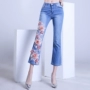 Xuân-hè 2019 micro-hạt thêu hoa chín điểm quần jeans nữ cạp cao co giãn cỡ lớn là quần nữ mỏng - Quần jean jean nữ