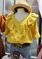 2018 mùa hè mới thời trang Hàn Quốc phiên bản của hoang dã V-Cổ xù nút ngắn tay áo sơ mi nữ casual shirt top áo sơ mi form rộng nữ