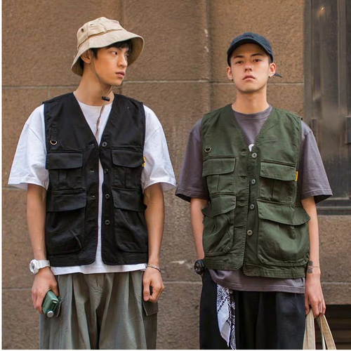 Japanese sleeveless 20 summer new American style retro Multi Pocket work clothes vest for trendy men sports function sleeveless vest