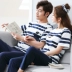 Mùa hè sọc cotton vài bộ đồ ngủ nam của Hàn Quốc quần ngắn tay dễ thương cotton mỏng phần dịch vụ nhà phụ nữ phù hợp với bộ đồ khủng log Cặp đôi