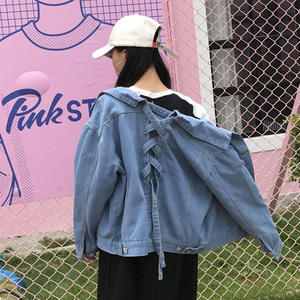 2017 mùa thu mới đơn ngực lỏng mỏng dài tay lại dây đeo nơ denim cardigan áo ngắn nữ