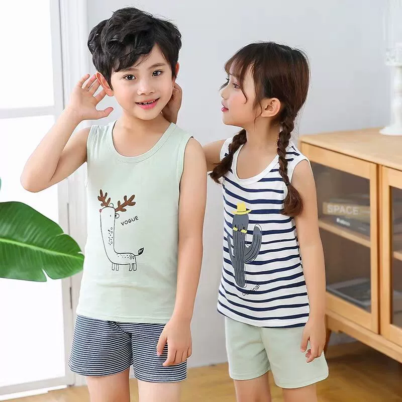 Bộ đồ vest trẻ em cotton tinh khiết new 2020 trẻ em trung và nhỏ quần đùi treo mùa hè cho bé trai và bé gái Bộ đồ hai mảnh giản dị - Phù hợp với trẻ em