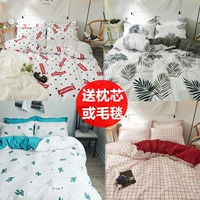 Simple Network ins giường kẻ sọc lanh chăn đỏ một gia đình bốn sinh viên ký túc xá độc thân ba mảnh vải quilt - Bộ đồ giường bốn mảnh bộ ga giường