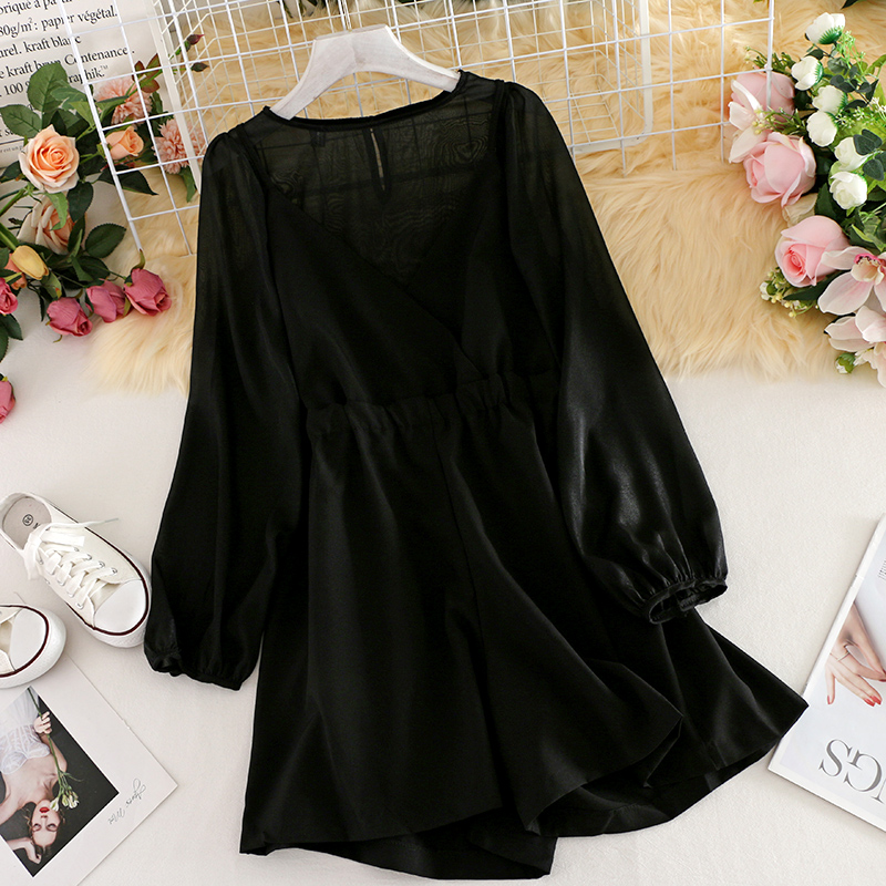 Blacka35 rompers suit summer bishop sleeve Chiffon shirt + Foreign style age Korean version camisole Jumpsuits Two piece set 647