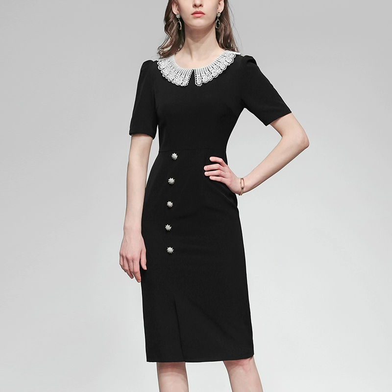 Màu đen tính khí mỏng túi đeo hông váy OL ngắn tay mỏng giữa chiều dài váy của phụ nữ mùa hè 2021 mới - váy đầm