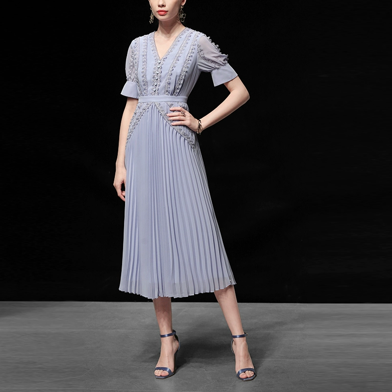 Mùa hè 20222 Tính khí mới của phụ nữ Váy voan dài tay ngắn Váy xếp ly dài giữa mỏng - váy đầm
