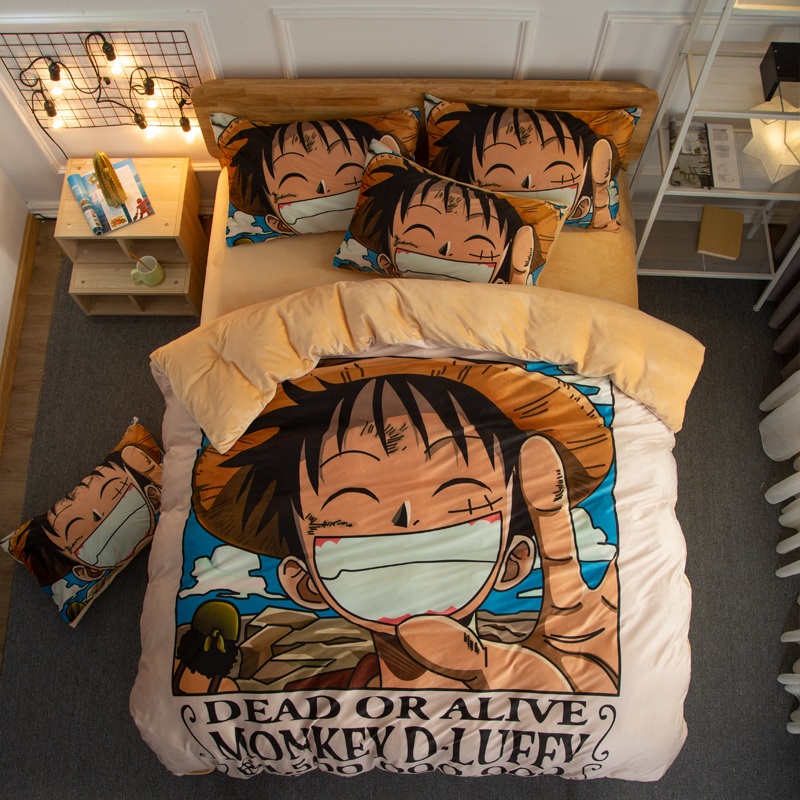 Laugh, LuffyCartoon comic Naruto sheet Four piece suit Yu Zhibo Weasel Quilt cover sheet dormitory Three piece set thickening keep warm