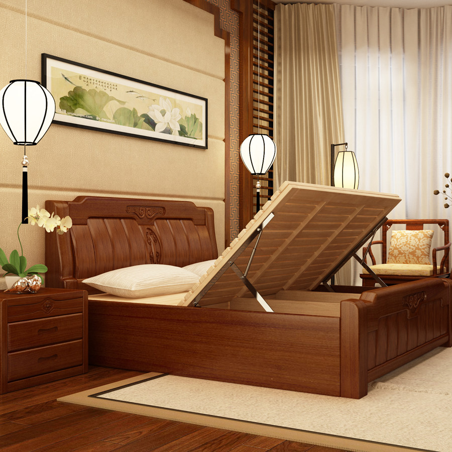 全实木床双人床现代中式橡木床高箱储物卧室床1.5/1.8米实木家具