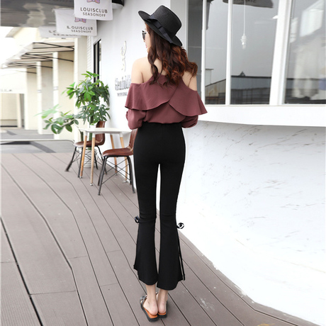 2017新款春夏高腰显瘦微喇叭侧缝开叉女裤修身九分裤女实拍