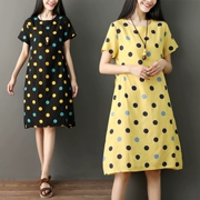 Polka-dot váy nữ mùa hè phần dài 2018 mới bông và vải lanh lỏng Tây Tạng thịt bìa bụng giảm béo tuổi một chiếc váy