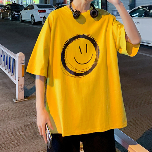 Smiley face short sleeve t-shirt men's summer 2020 lovers wear all kinds of Korean fashion fat plus big size loose T-shirt