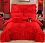 Bộ đồ cưới gồm bốn bộ chăn ga gối cotton lớn màu đỏ gồm sáu mươi tám bộ bộ đồ giường thêu hoa bằng vải bông - Bộ đồ giường bốn mảnh