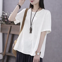 Han Suoyi Nghệ thuật cổ điển Tấm nhỏ Nút hàng đầu Mùa hè Thin Loose Cotton tay áo ngắn Áo thun nữ cổ tròn - Áo phông áo phông trắng