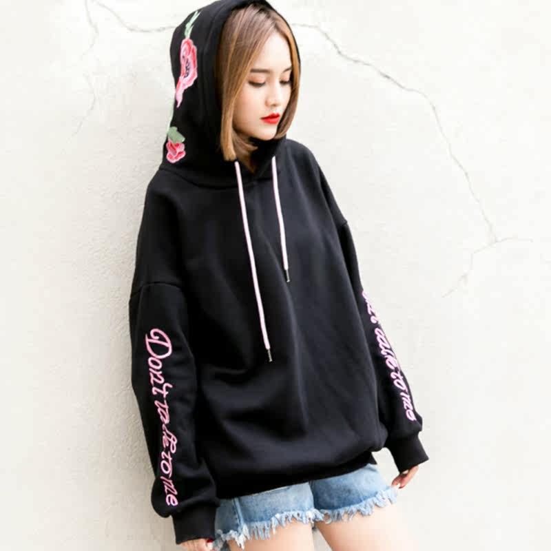 2017秋冬装新款连帽卫衣女刺绣套头衫bf风带帽加绒宽松外套学生薄