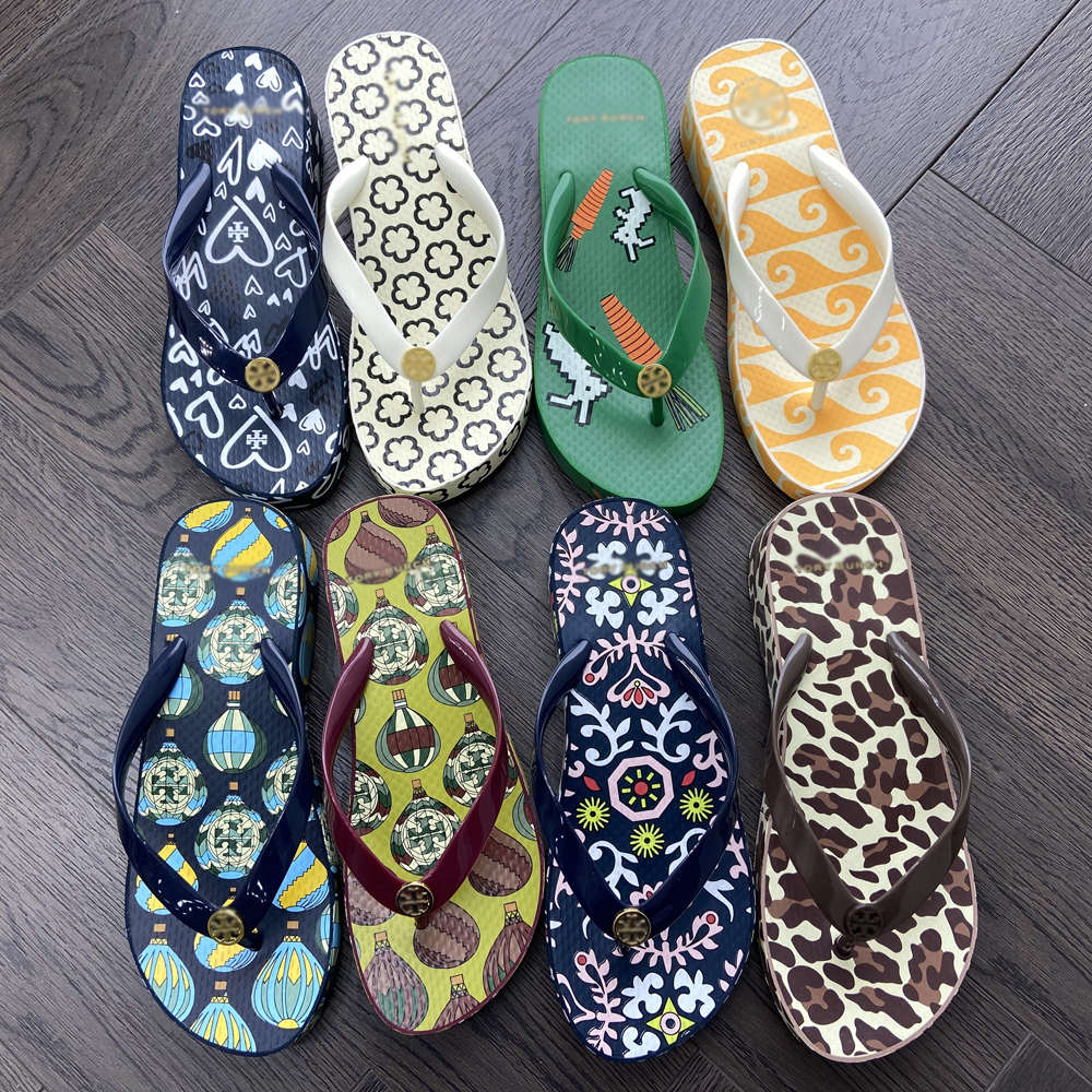 23 New TB Home Cartoon Wedge Flip Flops Comfortable Hollow Thick Bottom Non-slip Beach Shoes Clip Toe Women's Shoes