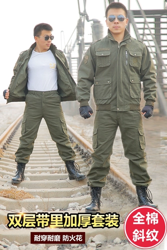 Хлопковые демисезонные джинсы с начесом, износостойкий комбинезон, защита от ожогов