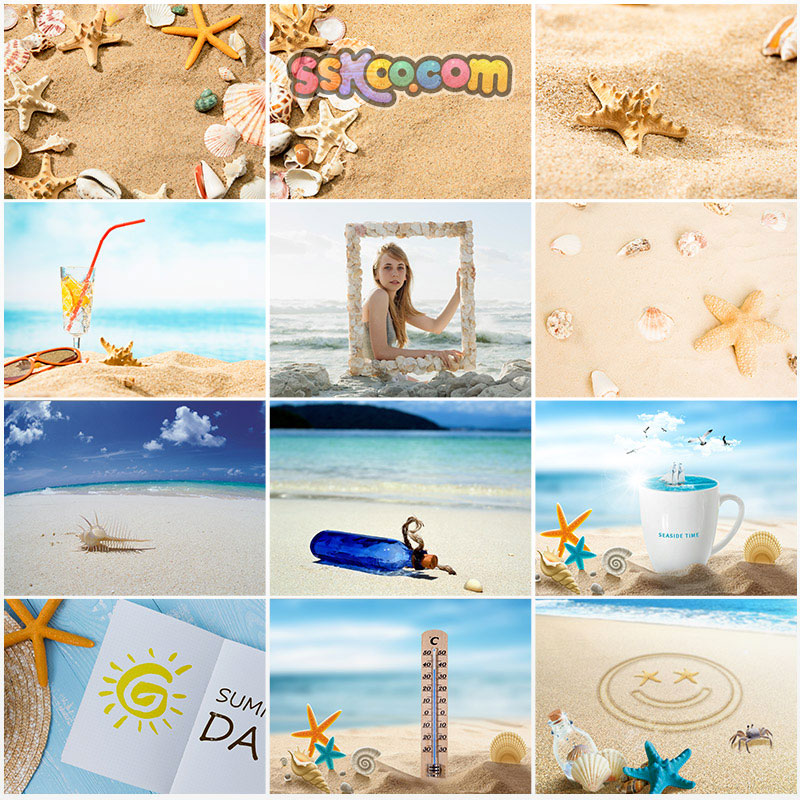 海边沙滩贝壳海螺海星漂流瓶夏日度假景色高清JPG图插图摄影素材