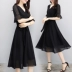 Váy ngắn màu đen của Hepburn dành cho nữ 2018 hè mới thon gọn váy voan đen có khí chất váy dài v-cổ - Váy dài váy trắng dài Váy dài