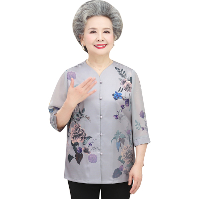 奶奶夏装真丝套装中老年人女桑蚕丝老人上衣服妈妈春秋装长袖衬衫