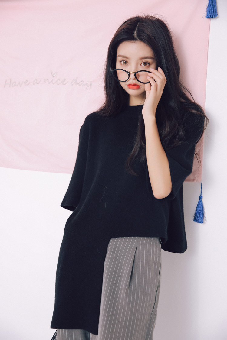 春季新潮品女装原宿风不对称显瘦套头百搭时尚毛衣针织衫林弯弯开衫