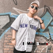 Hàn quốc phiên bản của BF gió ngắn tay đồng phục bóng chày cardigan t-shirt top loose dài hip hop hip-hop hiphop nam giới và phụ nữ mùa hè