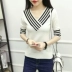 2018 mùa xuân và mùa thu mới của phụ nữ Hàn Quốc phiên bản của lớn màu trắng V-Cổ hoang dã đan năm điểm tay áo Slim đáy áo sơ mi áo len nam Áo len cổ chữ V