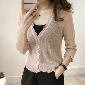 2018 mùa hè áo ngắn điều hòa không khí áo sơ mi gỗ hoang dã tai đan áo len kem chống nắng cardigan nữ nhỏ khăn choàng phần mỏng