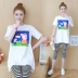 2018 mùa hè thai sản váy cotton ngắn tay phần dài triều mẹ T-Shirt thời trang dễ thương phim hoạt hình phụ nữ mang thai hai mảnh phù hợp với Áo thai sản