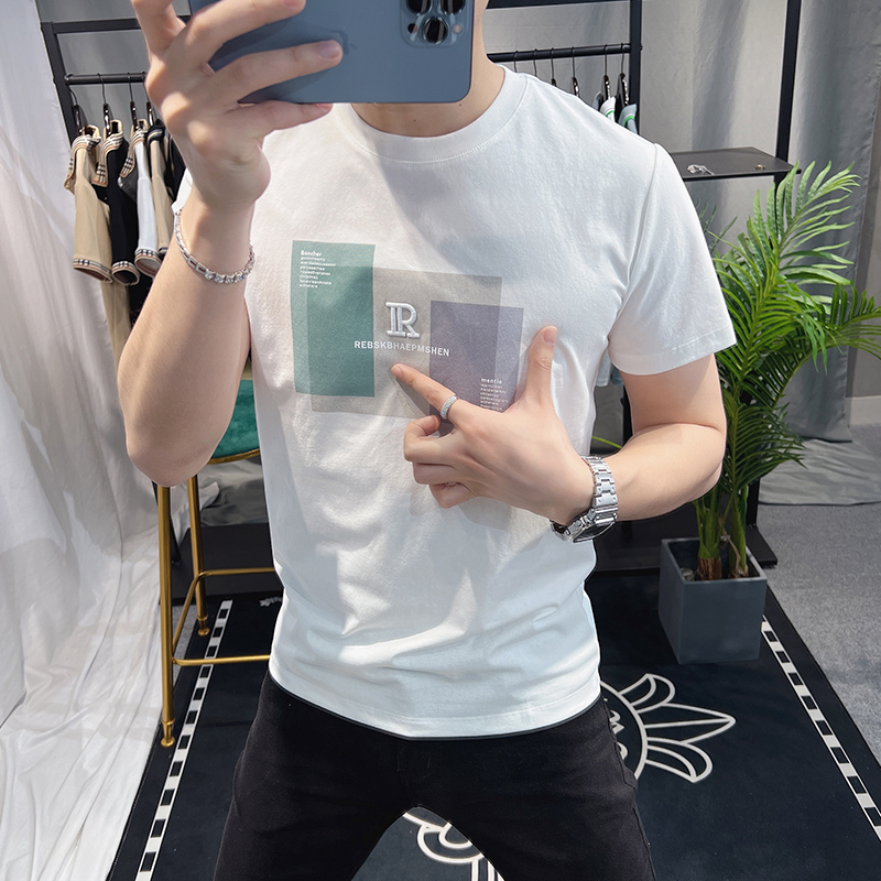 欧洲站短袖男潮牌夏季新款时尚简约印花T恤欧货青年纯棉修身衣服