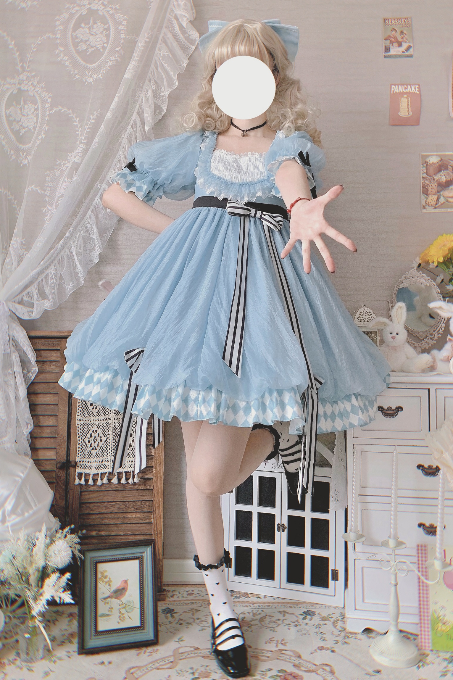 Blue【 time freezing 】 Light blue Bubbles Alice lolita Flower bud skirt op a ball of Deposit