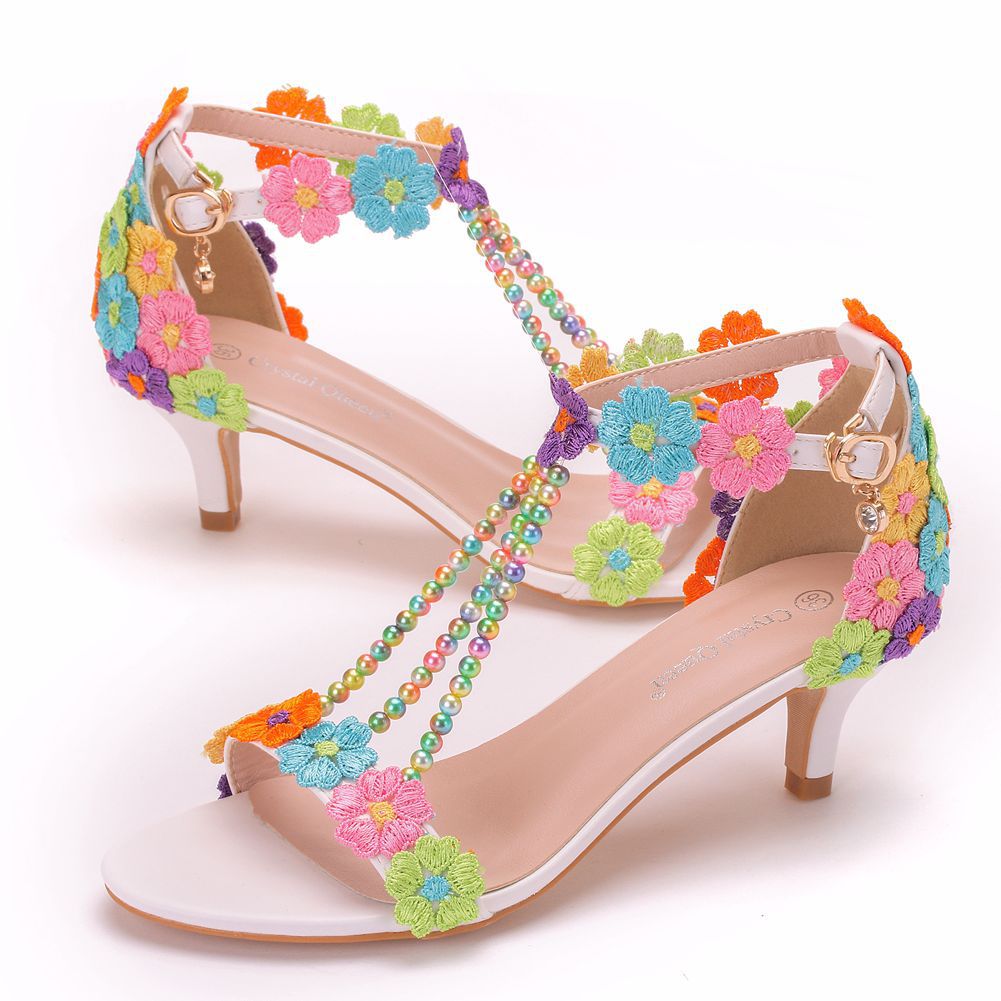 Design And Color5 centimeter Seven colors Lace Beading Sandals Fine heel Size code Shallow mouth Word band rainbow Sandals Middle heel Women's Shoes