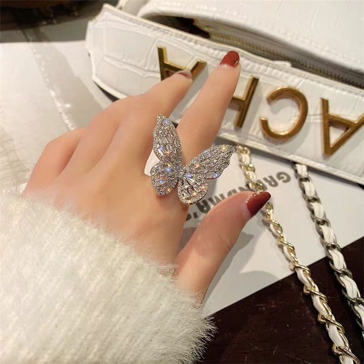 Micro Zircon Butterfly Silverma'am Opening Ring female fashion personality ins tide index finger ring Cold wind solar system Light luxury Internet celebrity Prime circle Abstain