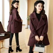 Phần vừa và dài ngắn mùa xuân và mùa thu đông dày của phụ nữ Phiên bản Hàn Quốc của áo khoác len kiểu áo choàng rộng cỡ lớn - Trung bình và dài Coat