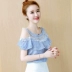 Voan áo sơ mi ngắn tay off-the-vai váy của phụ nữ mùa hè dress 2018 new ren siêu cổ tích từ nước ngoài từ bị rò rỉ vai áo sơ mi Áo sơ mi chiffon ren