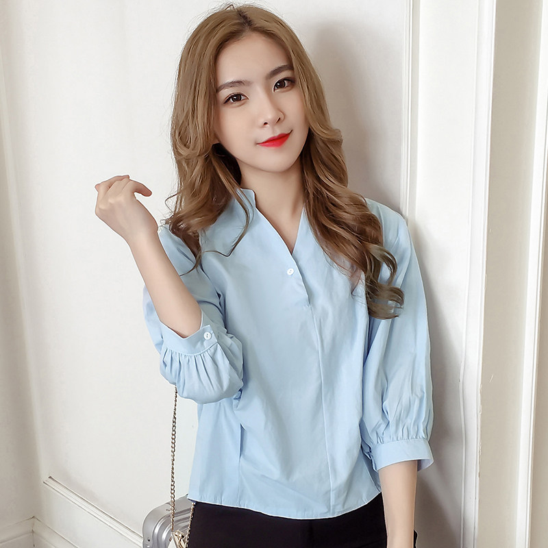 春款上衣女2019新款衬衫女中袖小清新港味复古chic衬衣洋气潮