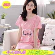 Áo cotton nữ mùa hè XL lỏng phiên bản Hàn Quốc của phiên bản dài của bộ đồ ngủ ngắn tay sinh viên hoạt hình ăn mặc gợi cảm - Đêm đầm