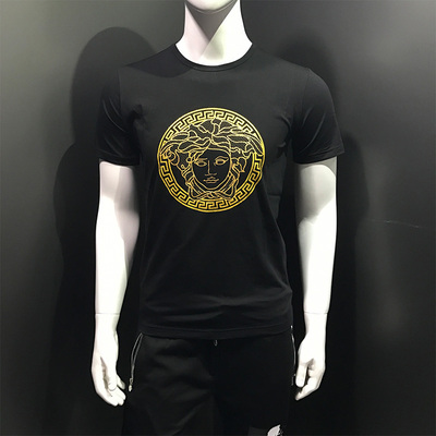 美杜莎短袖t恤男士胖子烫金圆领瓦萨其丝光棉印花肥佬半袖t恤男装