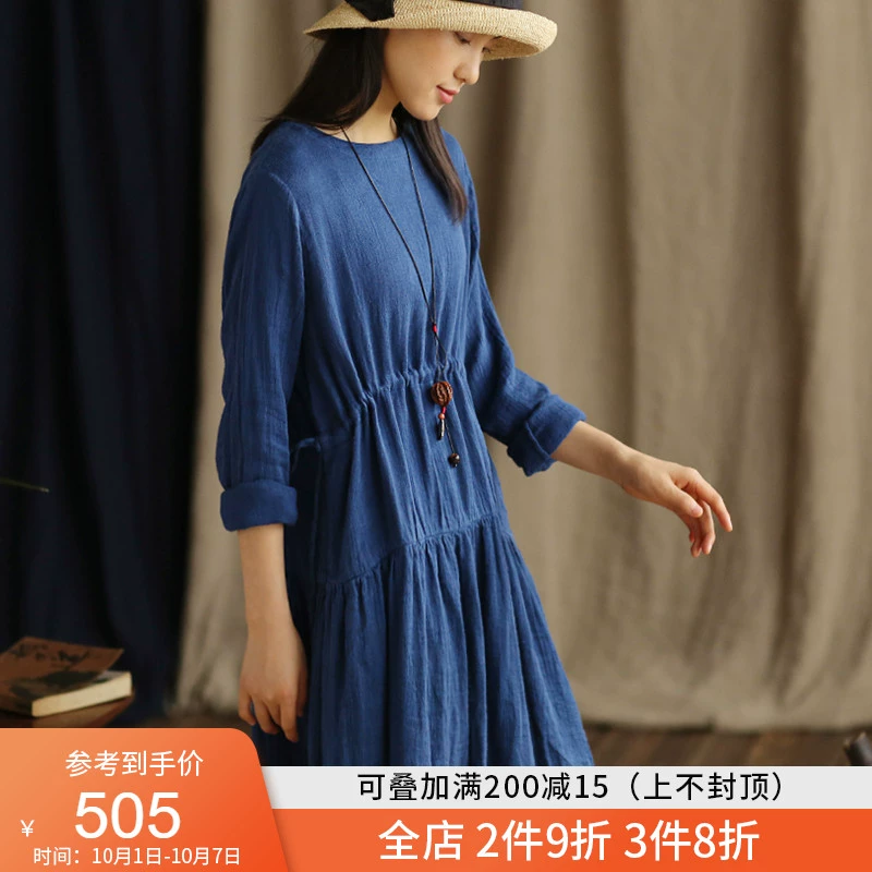 Yan Zuo ban đầu của phụ nữ mùa xuân nghệ thuật cổ tròn giản dị dài tay giữa dài váy vải lanh thời trang lỏng lẻo váy retro - Váy dài