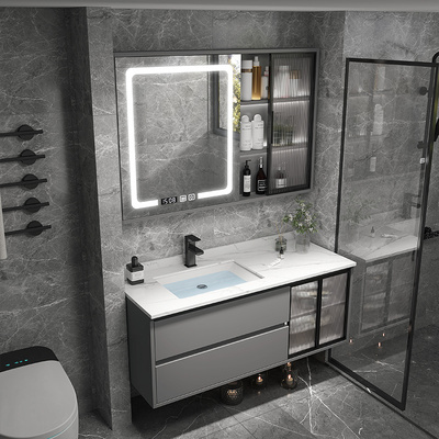 Ánh sáng sang trọng đá phiến tủ phòng tắm kết hợp gỗ rắn phòng tắm chậu rửa tủ chậu rửa hiện đại tối giản tủ gương thông minh tủ kính phòng tắm gương nhà tắm có tủ 